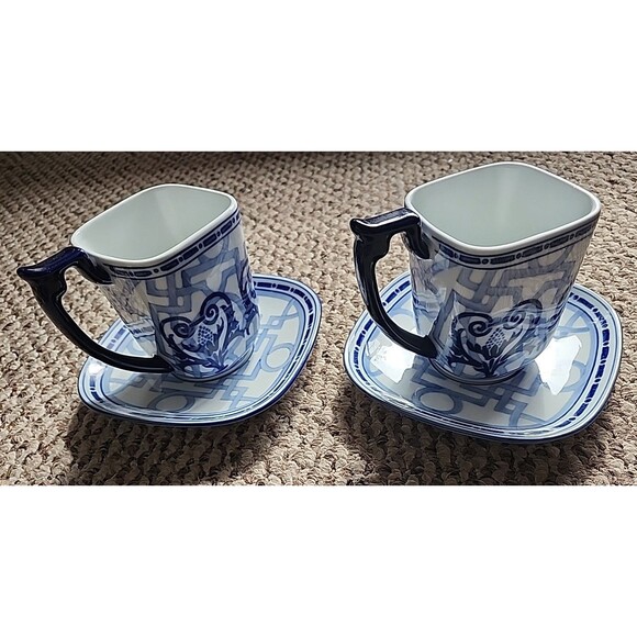 Bombay Cup & Saucers Square Mug 2 sets Penzance Blue White 4.25\